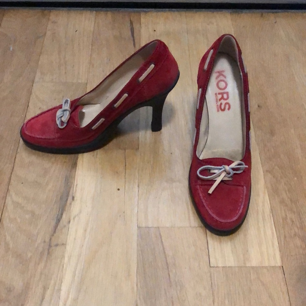 Kors red suede heels with bow and leather trim 6